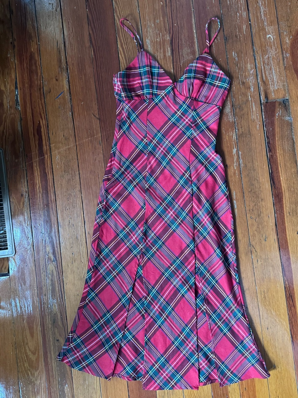 Red Plaid Spaghetti Strap Midi Dress